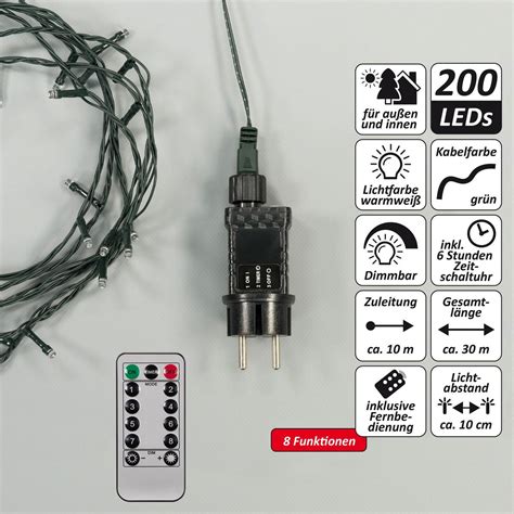 200 Led Lichterkette Warmweiß Mit 8 Funktionen Und Fernbedienung Trafo Timer