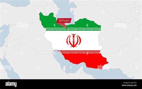 Iran map highlighted in Iran flag colors and pin of country capital ...