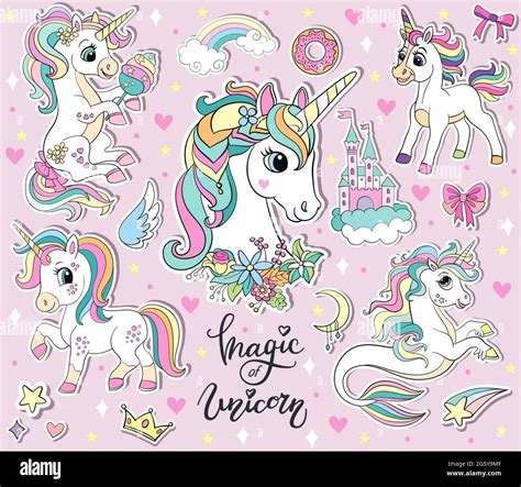 Conjunto De Lindos Unicornios De Dibujos Animados Y Elementos M Gicos