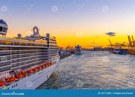 Cruise Ship Docked In Port With Other Cruise And Cargo Ships Stock