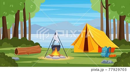 Summer Camp In Forest With Bonfire Tent Pixta