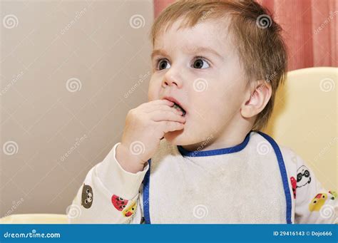 Cute Baby Eat With Hands Help Stock Image Image Of Human Active