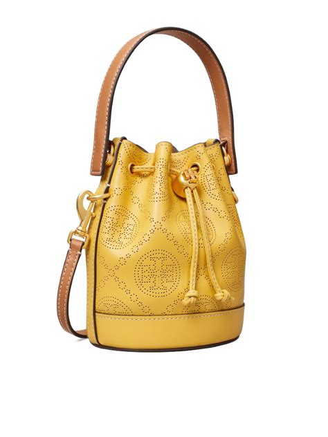 Tory Burch T Monogram Perforated Leather Mini Bucket Bag Golden Sunset Balilene