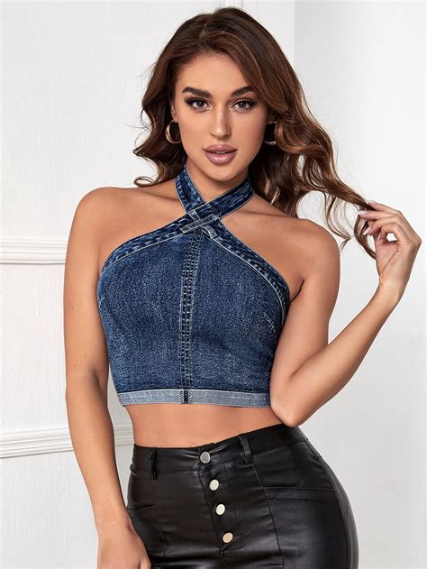 Zip Back Halter Denim Top Bustier Top Outfits Denim Top Denim Crop Top