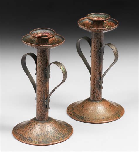 Benedict Studios Hammered Copper Candlesticks C1910 California