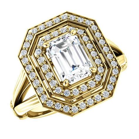 7x5mm Emerald Cut Forever Brilliant Moissanite And Diamond Double Halo