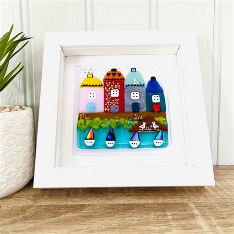 Fused Glass Cornish Seaside Harbour And Houses Art Poldark Coastal