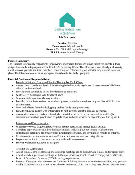 Clinician Job Description Mental Health Desklib
