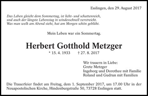 Traueranzeigen Von Herbert Gotthold Metzger Zeit Des Gedenkens De