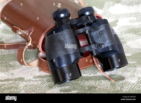 Vintage Porro Prism Black Color Military Binoculars And Brown Leather
