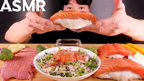 Tuna Sashimi And Giant Salmon Sushi Mukbang 참치회 And 대왕연어초밥 And 참치연어 샐러드 리얼사운드