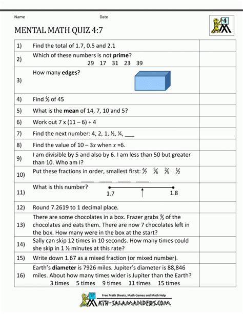 Mental Maths Year 7 Worksheets