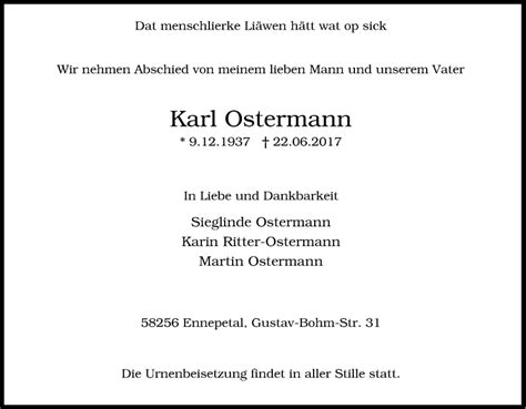 Traueranzeigen Von Karl Ostermann Trauer In Nrw De