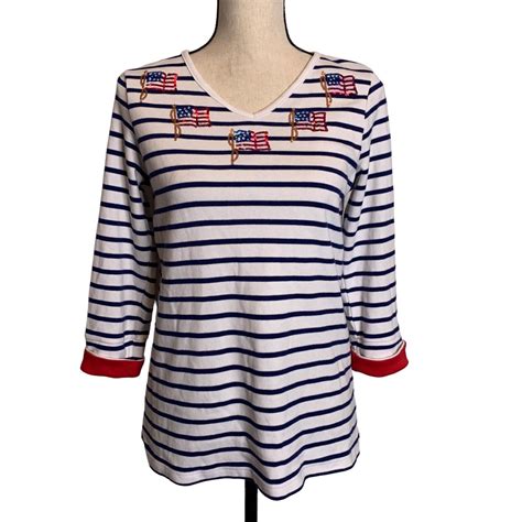 Quacker Factory Top Women XS Striped American Flag Sequins Red White