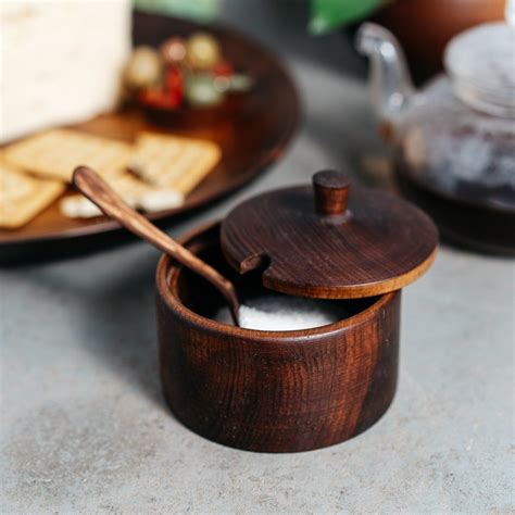 Wooden Sugar Bowl With A Spoon From Natural Siberian Cedar Wood Sugar Pot Lidded Container