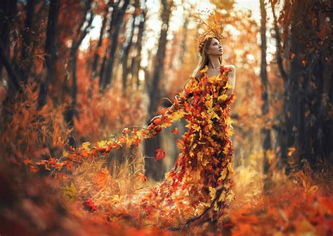 Hd Wallpaper Autumn Spell Lady Art Womens In Leaf Decor Long Dress