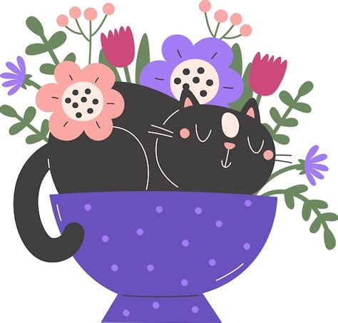 Gato En Taza Con Flores Vector Premium