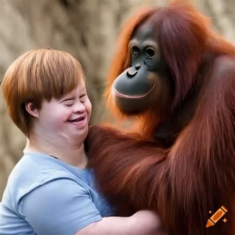 A Person With Down Syndrome Shaking Hands With A Orangutan On Craiyon