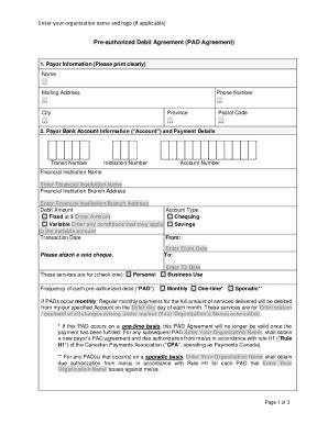 Fillable Online Pre Authorized Debit Agreement Pad Agreement Fax