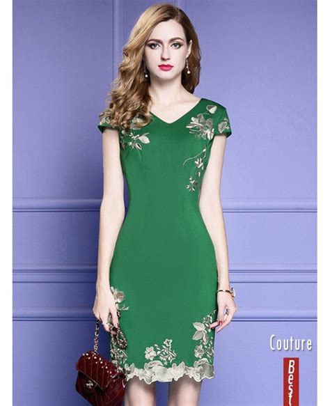 Green Bodycon Cocktail Dress For Wedding Guest With Cap Sleeves