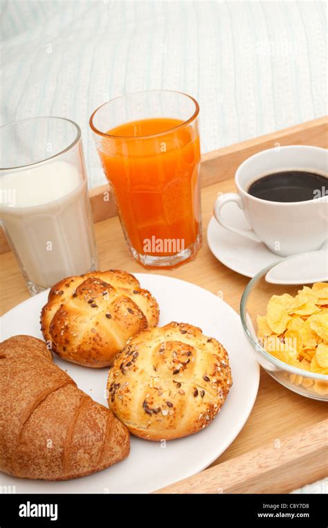 Breakfast In Bed Corn Flakes Coffee Croissant Orange Juice Coffee