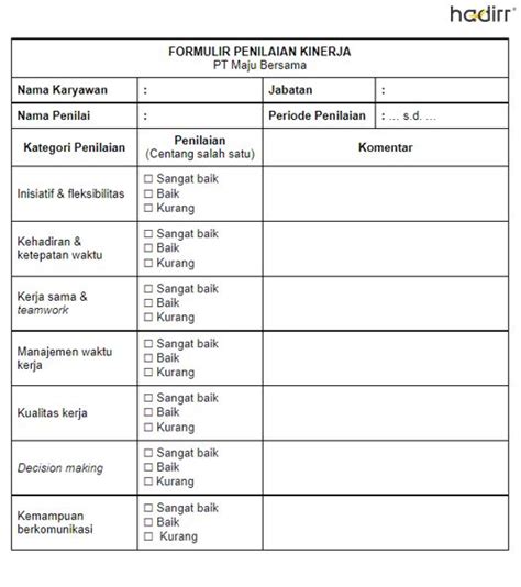 Contoh Formulir Penilaian Kinerja Form Penilaian Karyawan Level Porn