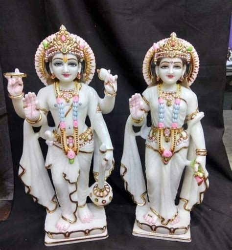 Painted Hindu Marble Laxmi Vishnu Statue On Sheshnag For Worship Size