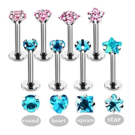 5 Pcs Lot Heart CZ Zircon Labret Lip Piercing Jewelry Surgical Steel