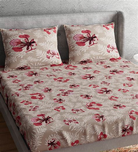 Buy Beige Floral 300 Tc 100 Cotton Queen Sized Bed Sheets With 2