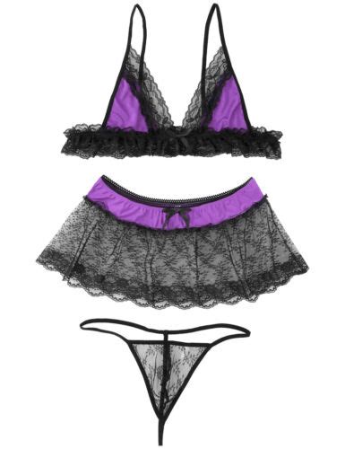Men S Sissy Lace Bra Top Mini Skirt Thong Lingerie Set Crossdressing Nightwear Ebay