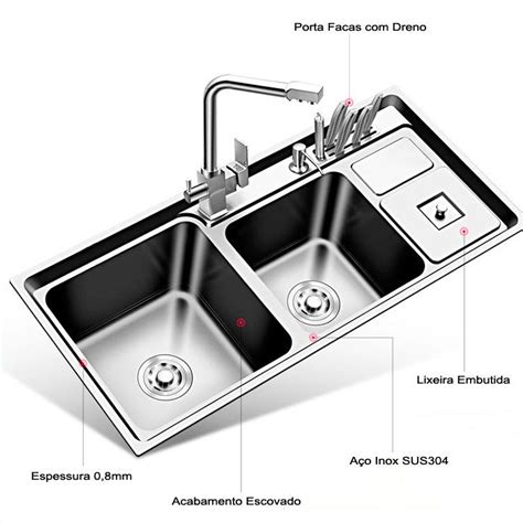 Cuba Dupla A O Inox Cozinha Gourmet Luxo Pia Lixeira E V Lvula