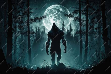 Premium AI Image | Scary werewolf howling at the full moon in a dark forest