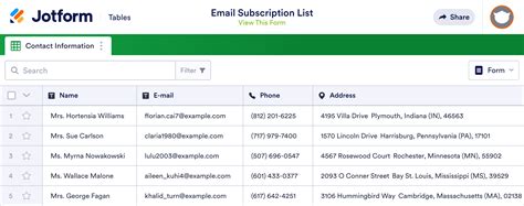 Email Subscription List Template Jotform Tables