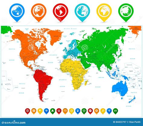 Detailed Vector World Map With Colorful Continents And Map Point Stock Vector Illustration Of