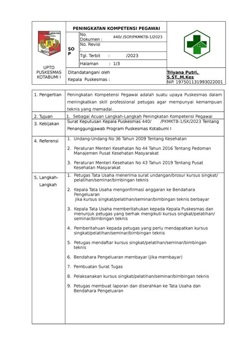 SOP Peningkatan Kompetensi UPTD PUSKESMAS KOTABUMI I PENINGKATAN
