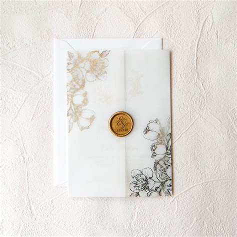 Gold Foil Vellum Wrap Invitation With Delicate Flowers Wedding