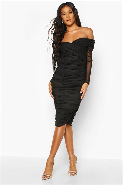 Womens Off Shoulder Ruched Mesh Bodycon Midi Dress Midi Dress Bodycon