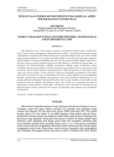 Penggunaan Energi Di Industri Pulp Dan Kertas Aspek Teknologi Dan Lingkungan