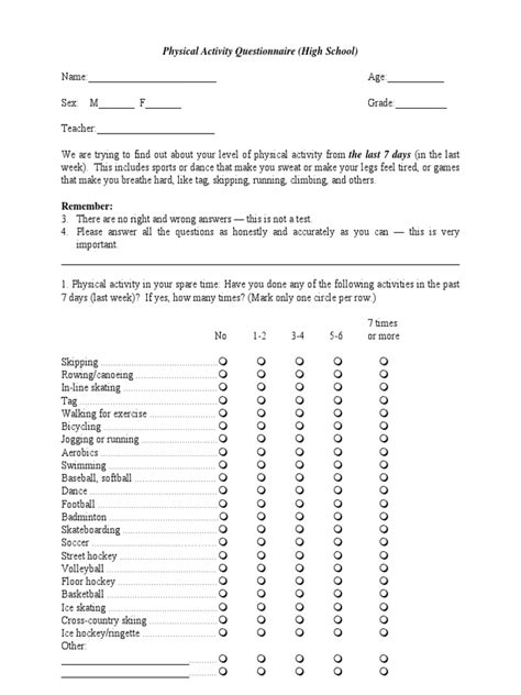 Physical Activity Questionnaire Pdf Physical Education Sports