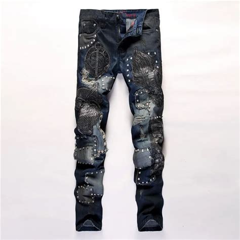 New Trendy Embroidery Patchwork Rivets Classical Jeans Destroyed Men