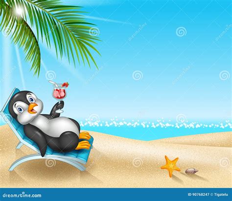 Cartoon Penguin Relaxing On Beach Chair Stock Vector Illustration Of
