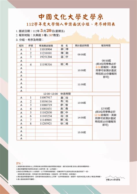 112學年度大學個人申請面試分組與考序時間表