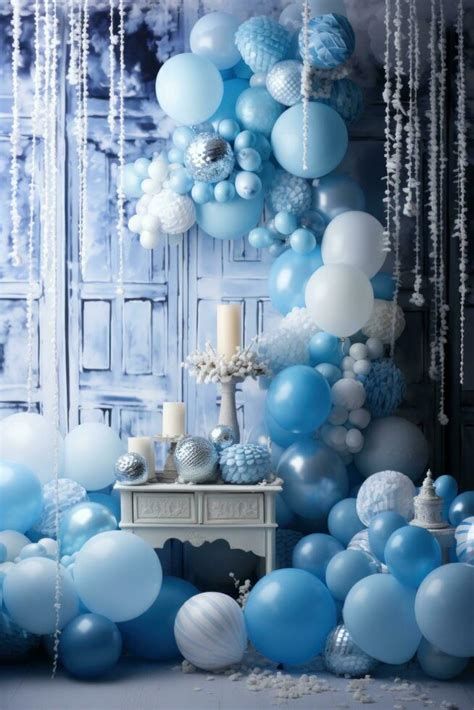 AI generated Create a magical winter scene with this beautiful blue and white balloon backdrop ...