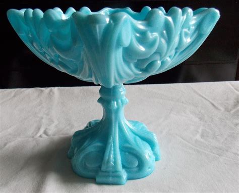 Portieux Vallerysthal France Opaque Blue Milk Glass Pedestal Compote Candy Dish Stunning Blue