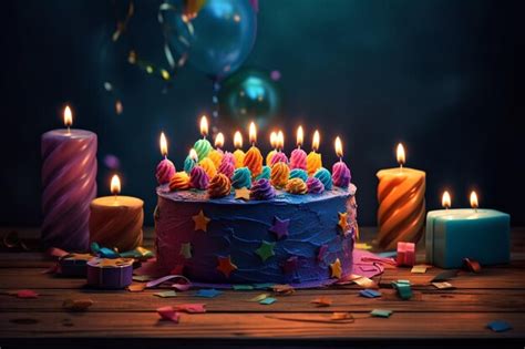 Premium Ai Image Birthday Cake With Burning Candles And Confetti On A