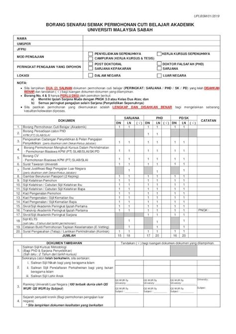 Pdf Borang Senarai Semak Permohonan Cuti Belajar Fileuplbsm