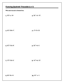 Algebra Tutorial Worksheets Factoring Quadratics When A Does Not