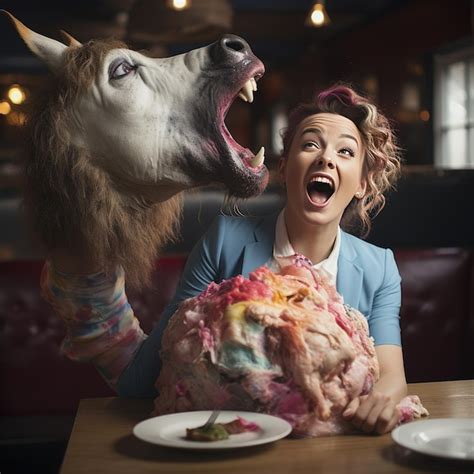 Premium Ai Image The Girl Is Eating Cake And Having Fun With Her Unicorn