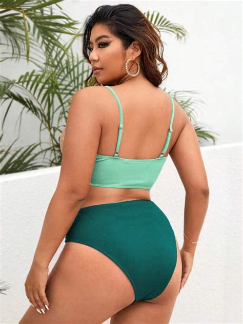 SHEIN Plus Color Block Rib Bikini Swimsuit SHEIN USA