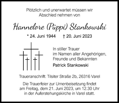 Traueranzeigen Von Hannelore Stankowski Nordwest Trauer De